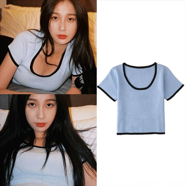 

yu shuxin slim u-collar contrast color knitted short -sleeved t-shirt female navel short 2020 summer clothes, White