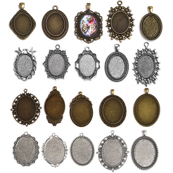 

10pcs antique silver bronze 18x25mm 30x40mm oval cabochon base setting charms pendant bezel tray for diy jewelry making findings, Blue;slivery