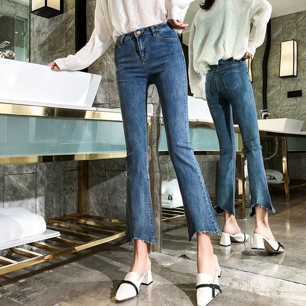 

jeans women's 2019 spring and summer korean-style boot-cut capri pants high-waisted slimming wide-leg straight-cut bell-bottom p, Blue
