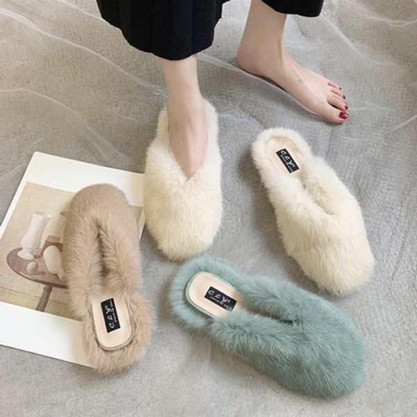

women shoes plush slippers mueller shoes flat sole lazy half slippers, Black
