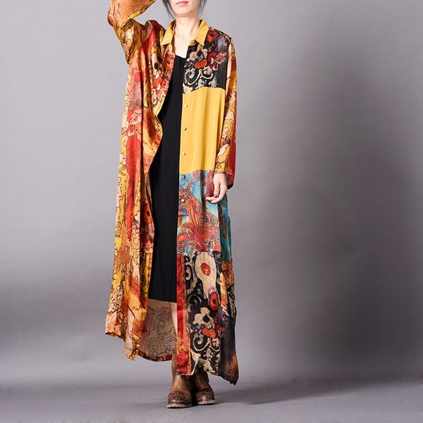 

new original design women's summer printed retro coats big size x-long trench female sunscreen clothing, Tan;black
