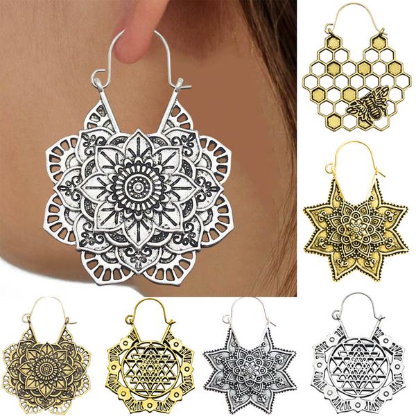 

bee lotus skull mandala flower earrings tribal brass gold hoop earrings boho ethnic drop vintage, Golden;silver