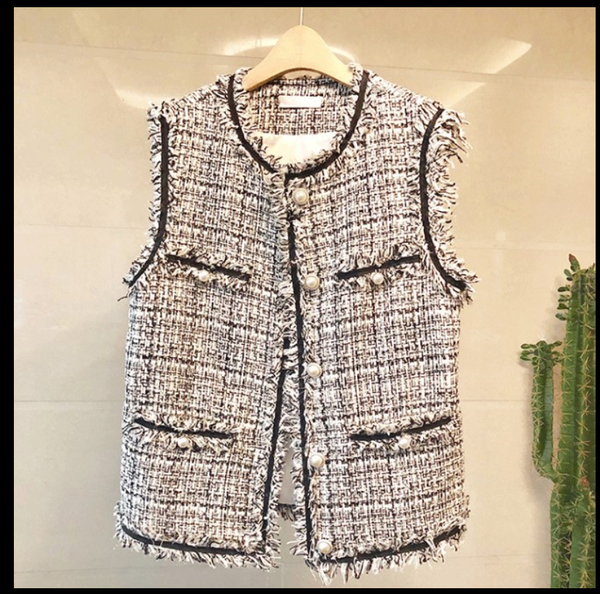 

new spring fall small fragrance women's vest jacket pearl button elegant tassel tweed vest coat lady's woolen waistcoat, Black;white