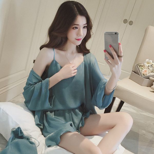 

women 4pcs/set summer v-neck satin pajamas vest short panties nightwear set aic88, Blue;gray