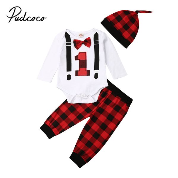 

Pudcoco Newborn Baby Girls Boys Xmas Outfits Long Sleeve Cartoon Romper Tops + Plaid Check Pants + Hats First Christmas Set