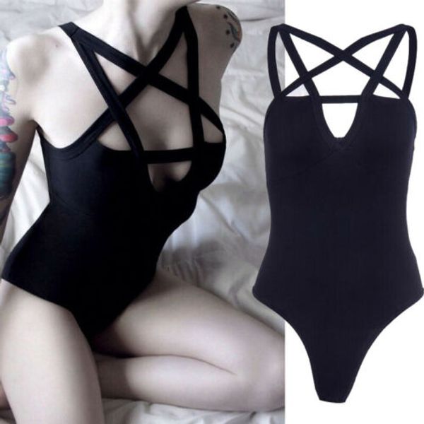 

2019 black womens bandage hip hop star v-neck cross gothic hollow out hole stretch bodysuit, Black;white