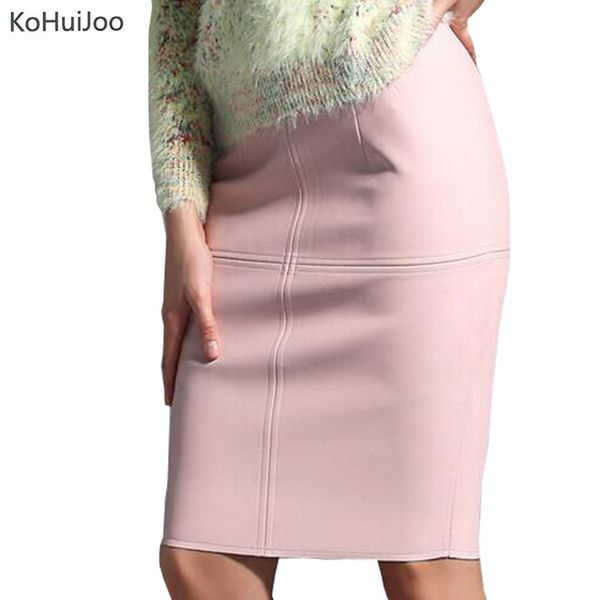 

kohuijoo leather skirt women slim solid pencil skirts ladies high waist knee length blue pink faux leather skirt black red, Black;gray