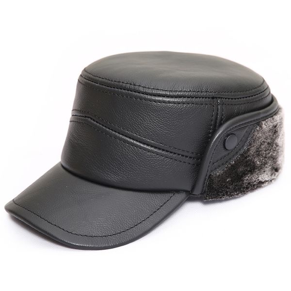 

russian warm winter men hat genuine leather flat casquette cap senior men hat big head brown cowskin earflap furry bomber, Blue;gray