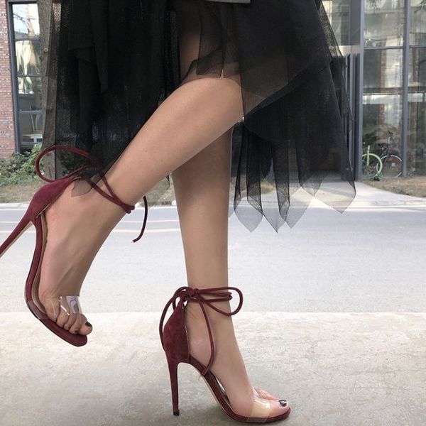 

2020 new fashion pvc transparent sandals ankle strap cross-strap woman sandals 11.5cm high heels party size 34-46, Black