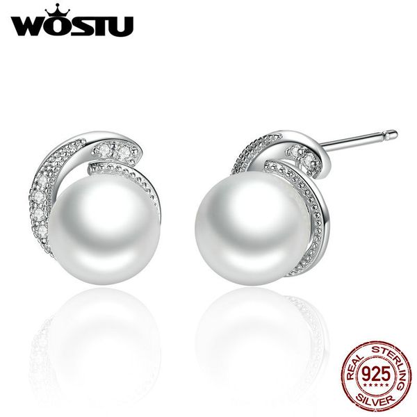 

wholesale brand 100% authentic 925 sterling silver pearl stud earrings with clear cz for women luxury jewelry gift cqe021, Golden