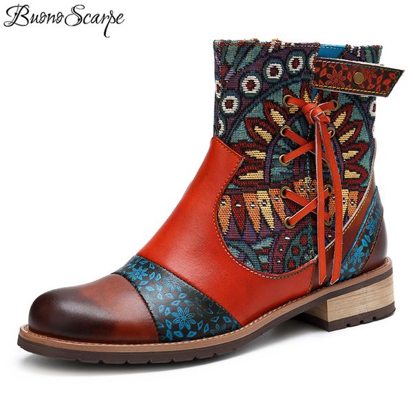 

buonoscarpe women ankle boots genuine leather tassels short boots round toe strap retro ethnic shoes sewing flowers chic booties, Black