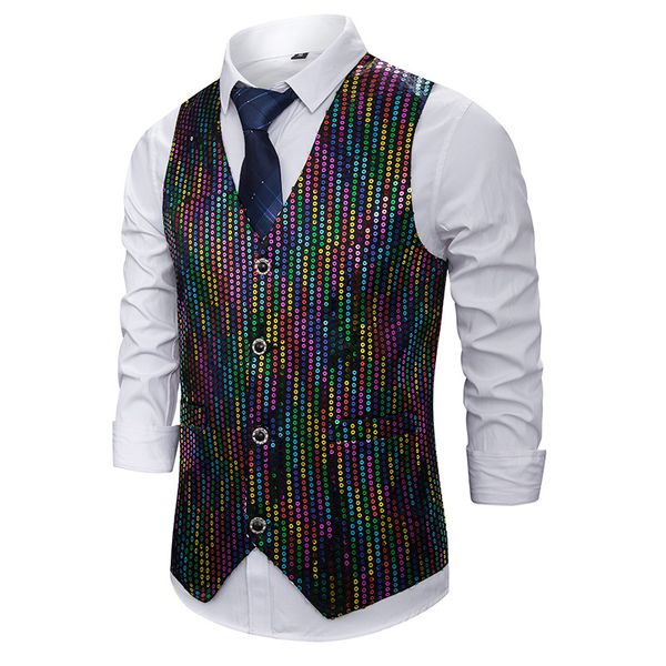 

shiny colorful sequin sparkling waistcoat men slim fit v neck suit vest men dj club party wedding tuxedo vests chaleco hombre, Black;white
