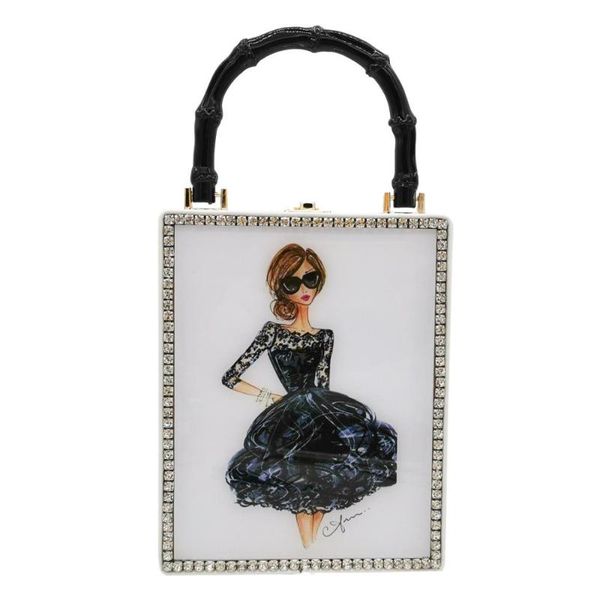 

boutique de fgg "beauty with dress" print women white pu leather shoulder bags box totes handbags ladies fashion crossbody bags