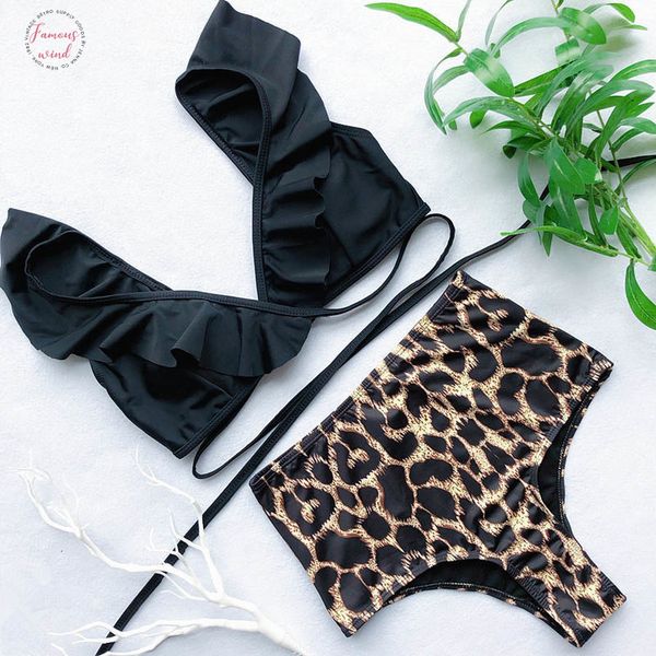 

high waist bikini 2020 women bandage swimwear ruffle leopard bottom swimsuit backless bathing suit black red green biquinis, White;black