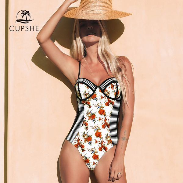 

cupshe floral print and striped push up one-piece swimsuit cut out women monokini 2020 girls beach bathing suits swimwear, White;black