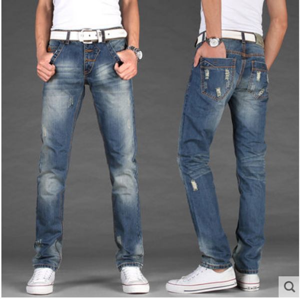 

голубые джинсы упругие мужской досуг foot hole развивайте один нравственность чистый цвет denim брюки, Blue