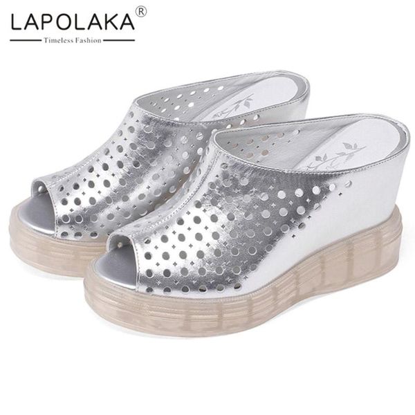 

lapolaka 2020 genuine leather women sandals wedges med platform summer summer outside women shoes, Black