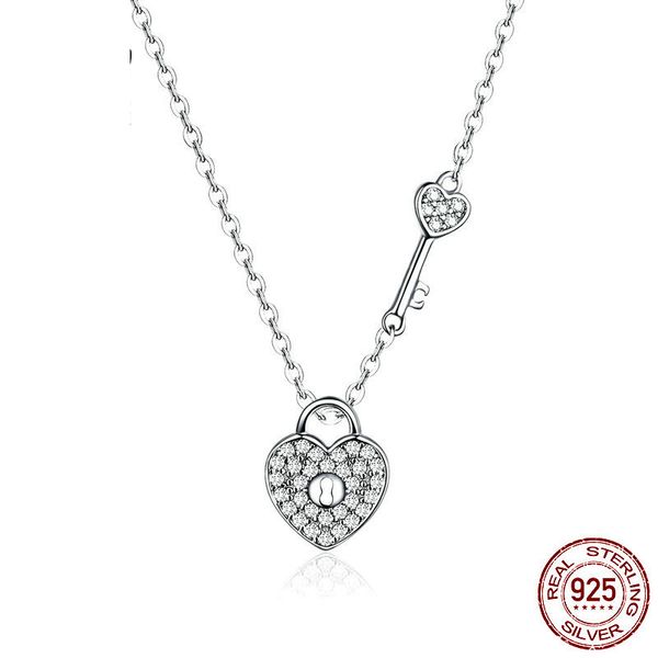 

genuine sterling silver fashion zircon heart shape key lock pendant necklace women's anniversary gift jewelry factory direct sell