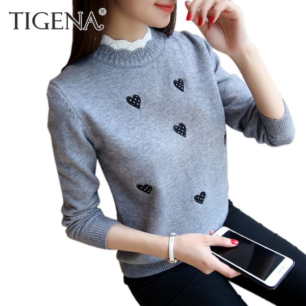 

tigena 2019 autumn winter knitted turtleneck pullover and sweater women jumper embroidery cute sweater female pull fmme yellow ly191217, White;black