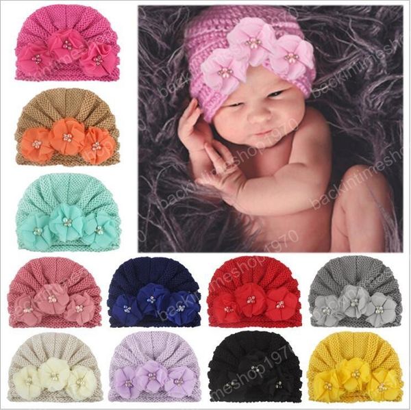 

baby india hats turban flowers pearls skull caps newborn solid knitted hat toddler vintage winter beanie infant fashion accessories, Yellow