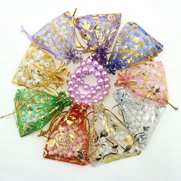 

50pcs/lot 7x9cm 9x12cm 11x16cm 13x18cm gold love heart rose organza bag wedding voile gift christmas bags jewelry packing, Pink;blue