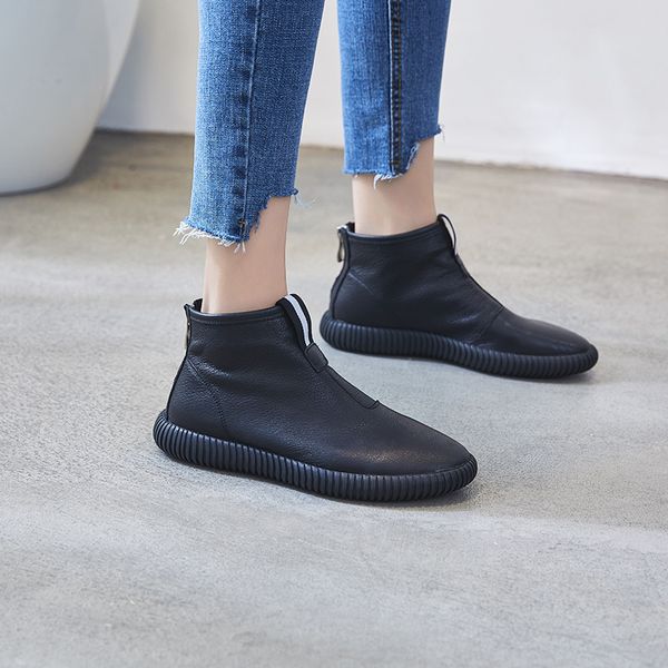 

boots women genuine layer leather round toe flat short ankle single, Black
