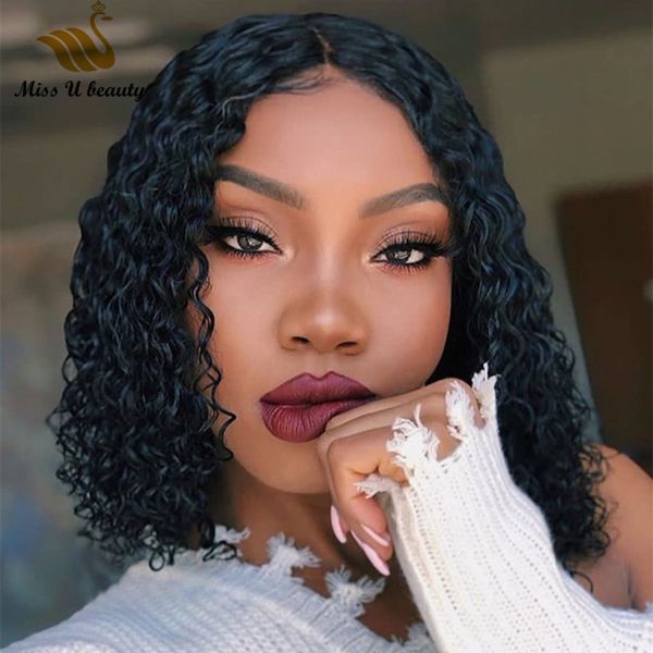 

short bob wig deep wave curl curly lacewig virgin human hair front lace wigs 13x6 deeppart, Black