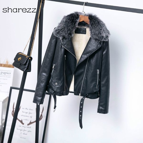 

2019 autumn winter coat new european american women punk lapel thickened padded warm pu leather fur collar black outwear