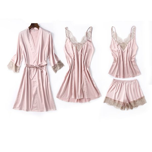 

2019 4 pieces nightsuits women satin sleepwear pajamas sets lace pyjamas sleep lounge pijama silk nightwear home clothing, Black;red