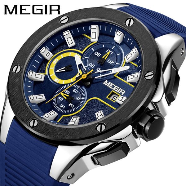 

megir 2065 men sport watch chronograph silicone quartz army military watches clock men brand luxury male relogio masculino, Slivery;brown