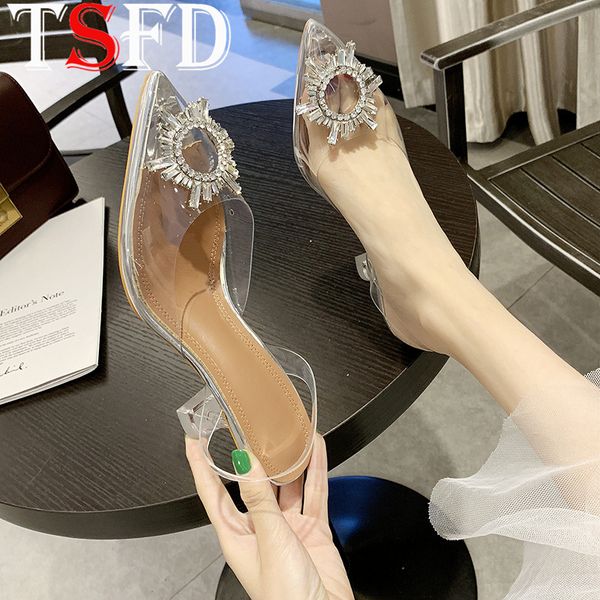 

pointy toe high heels summer sandals for women transparent tape pvc sandals lady crystal classic women's shoes 2020 j6, Black