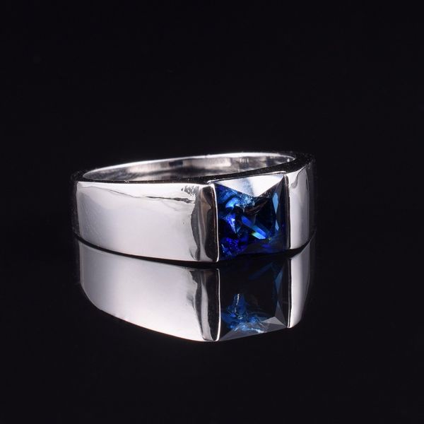 

men's eternity 925 sterling silver square natural blue sapphire stone solitaire ring size 8-12, Golden;silver