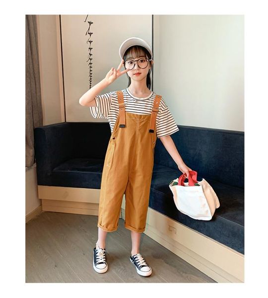 

girls clothing children's casual sets stripe t-shirt + strap pants 2pcs set, White