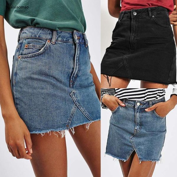 

laamei 2020 new summer solid denim skirt women's high waist casual a-line denim distressed bodycon short jean skirt black blue