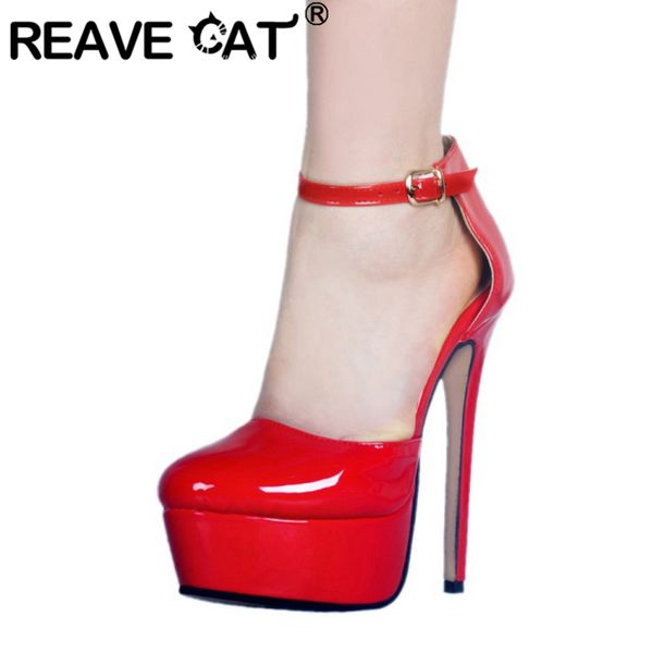 

reave cat 2020 spring sandal round toe thin high heels patent leather ankle strap high platform plus size 35-47 wedding a2822, Black