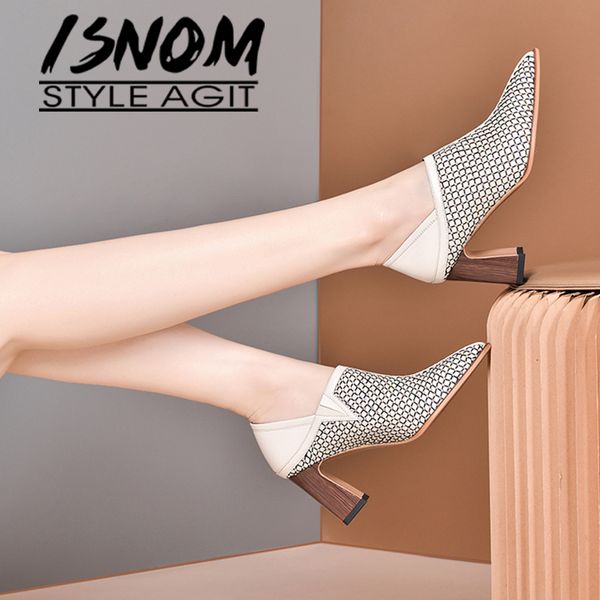 

isnom fish net pumps crystal pointed toe women high heesl wood heels shoes cow leather women pumps, Black
