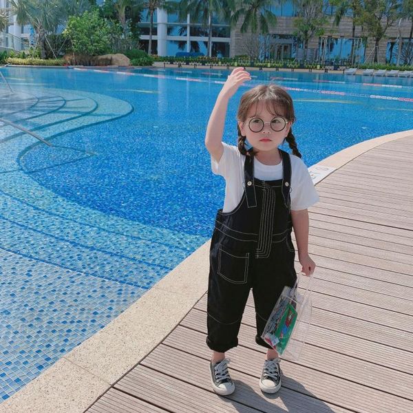 

summer new arrival korean style cotton pure color fashion casual all-match suspender long pants for cool cute baby girls, Blue
