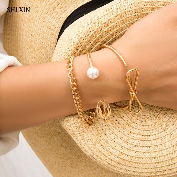 

shixin 3pcs charm bracelet bangles set 2019 korean fashion pearl and sea shell bracelet for women gold/silver hand chain jewelry, Golden;silver