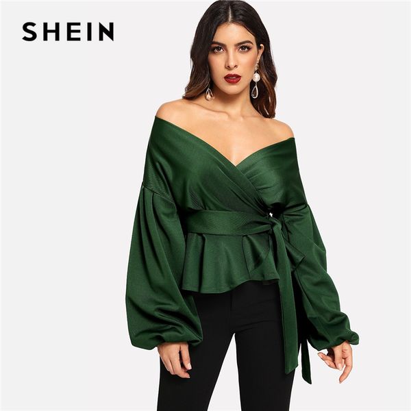 

shein green elegant office lady solid off shoulder lantern sleeve surplice peplum blouse autumn workwear women and blouses, White