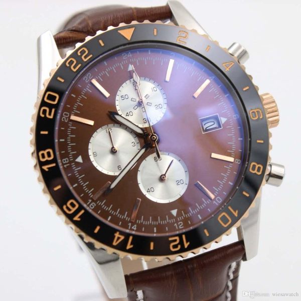 

the wristwatches showing male great-hearted temperament chronograph quartz man watch 46mm coffee dial mens watches with black ceramic bezel, Slivery;brown