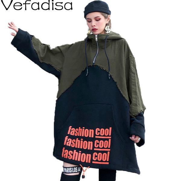 

vefadisa patchwork pullovers sweatshirt woman 2019 hooded sweatshirt winter thick letter printed cotton blend black qyf982