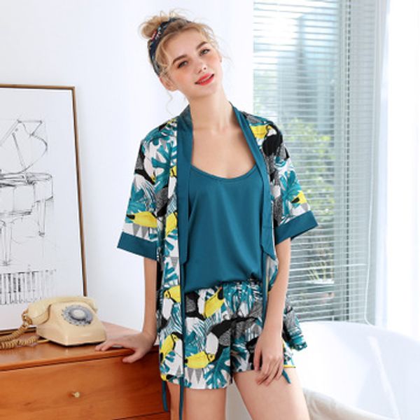 

daeyard женщины шелкового cami топ + шорты + robe 3шт пижамы комплекты мода цветочные пижамы пижамы весна лето девушки сорочек домашняя одеж, Blue;gray