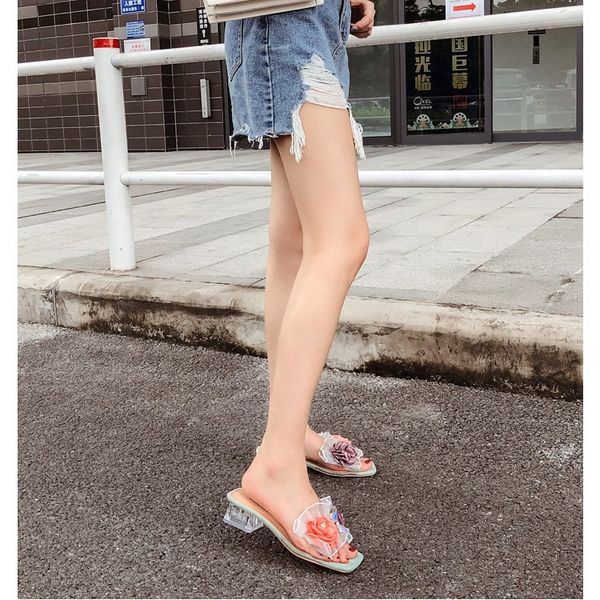 

прозрачный квадратный каблук rhinestone женщин сандалии 2020 новый цветок clear med каблука пвх насосы летняя мода slingback леди тапочки, Black