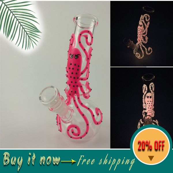 

6,7-дюймовый осьминога бом светящийся розовый мазок вышка горячего пепла ловец портативный стакан воды Bongs мини-кристалл трубы мультфильм моды светящегося кальяна