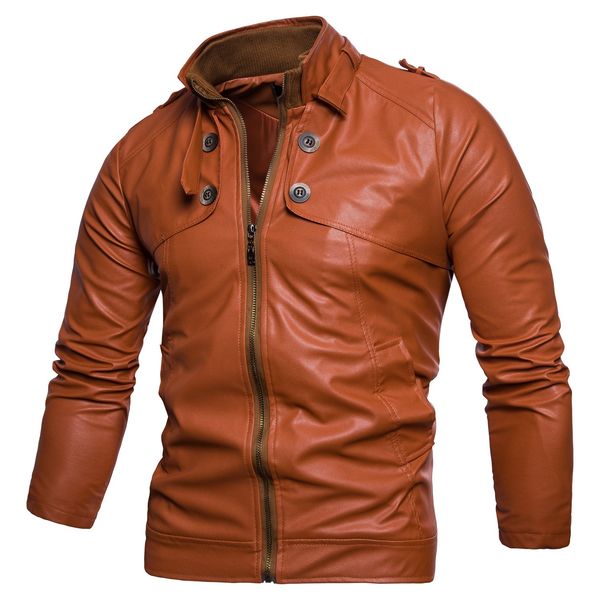 

2018 spring and autumn new style men multi-button locomotive solid color stand collar washing slim fit leather jacket, Black