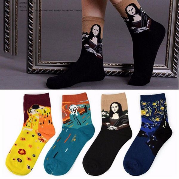 

1pair fashion retro women men painting mona lisa art socks funny novelty starry night comfortable breathable socks hot, Black