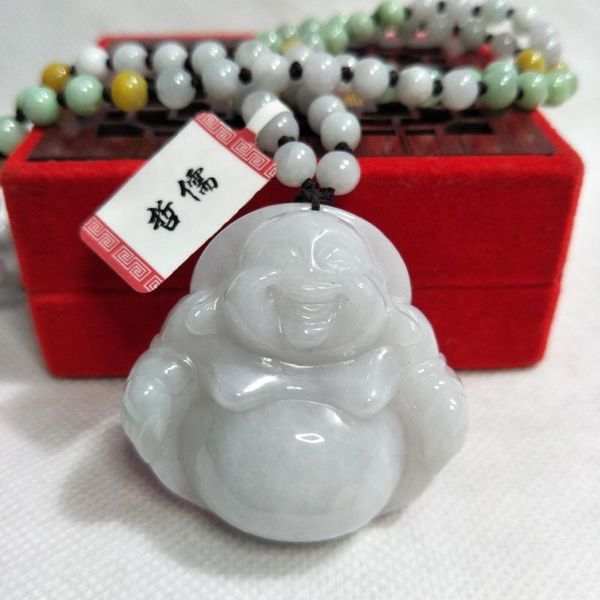 

zheru jewelry pure natural jadeite light color happy buddha pendant tricolor jadeite bead necklace a class a national certificat, Silver