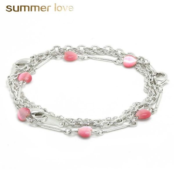 

new 3pcs/set pink color opal heart charm bracelet set for women elegant silver multilayer love chain bracelet fashion jewelry party gift, Black