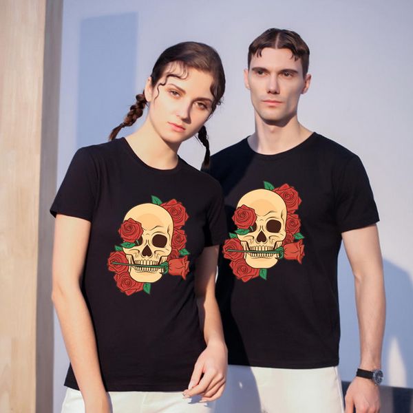 

skull rose black couple original t-shirt short sleeve 2020diy plus size summer fashion personality ladies t-shirt tiger pattern, Black;blue