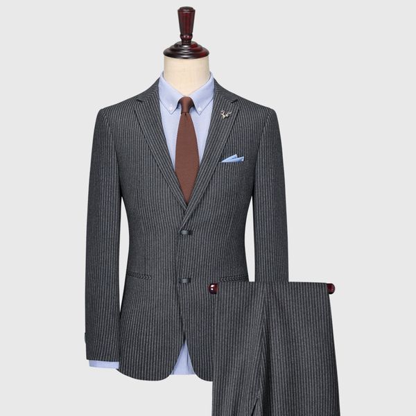 

jacket pant) grey stripe mens suits groom wear 2 piece wedding suits groomsmen man formal business suit for men thicken, White;black